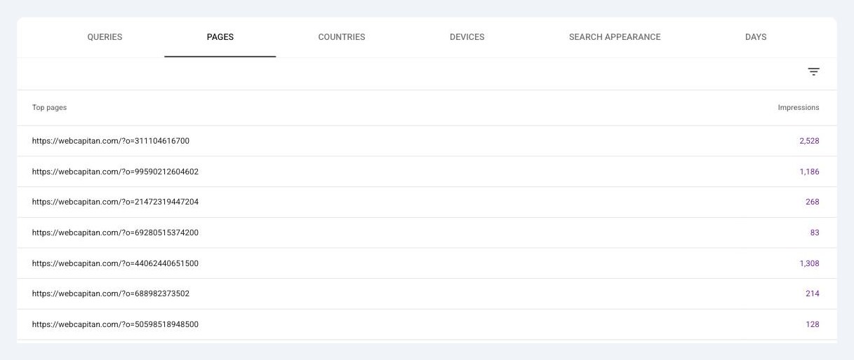Hacked /?o= URLs of webcapitan.com listed in the Pages tab of Google Search Console
