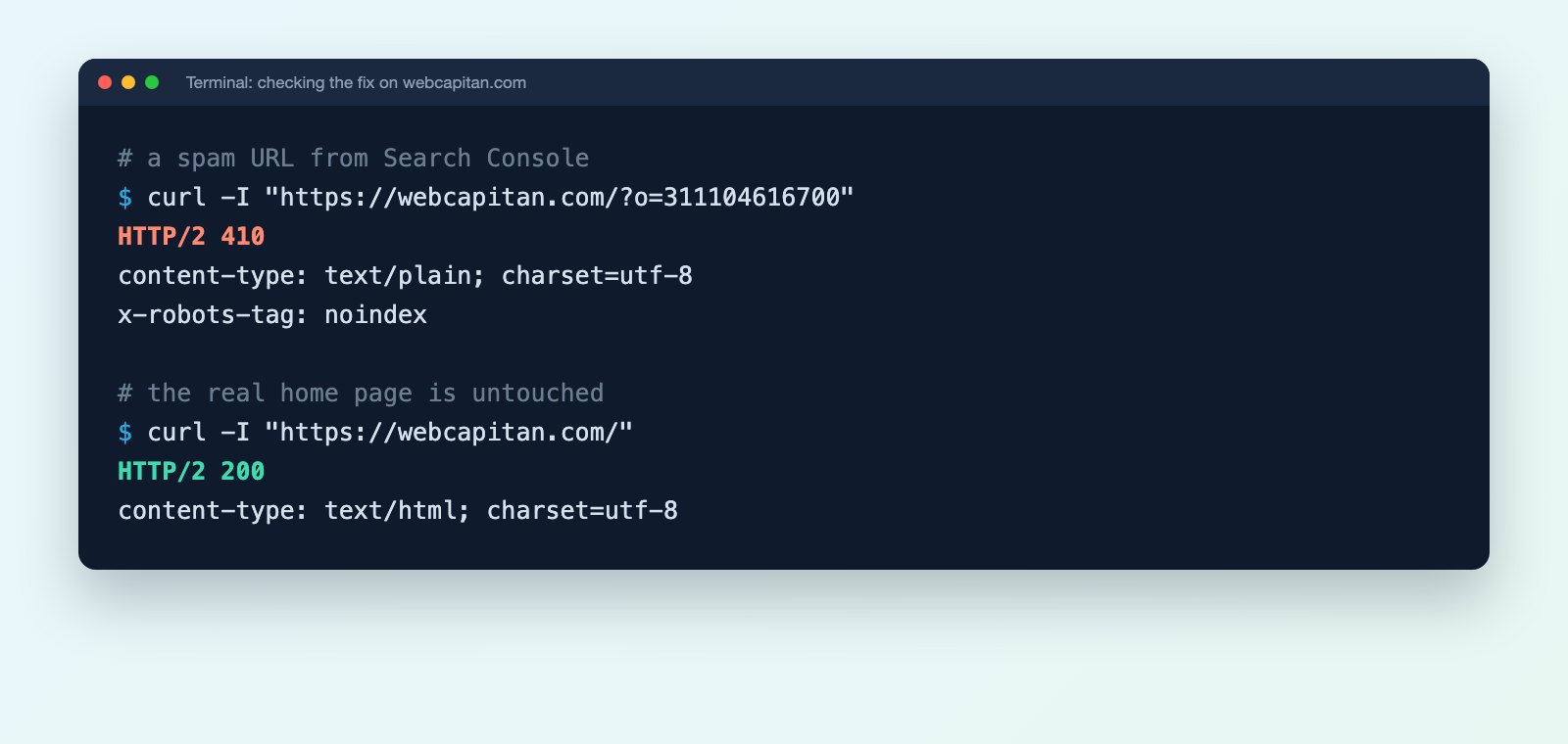 curl check: a hacked /?o= URL returns HTTP 410 with noindex while the home page returns 200