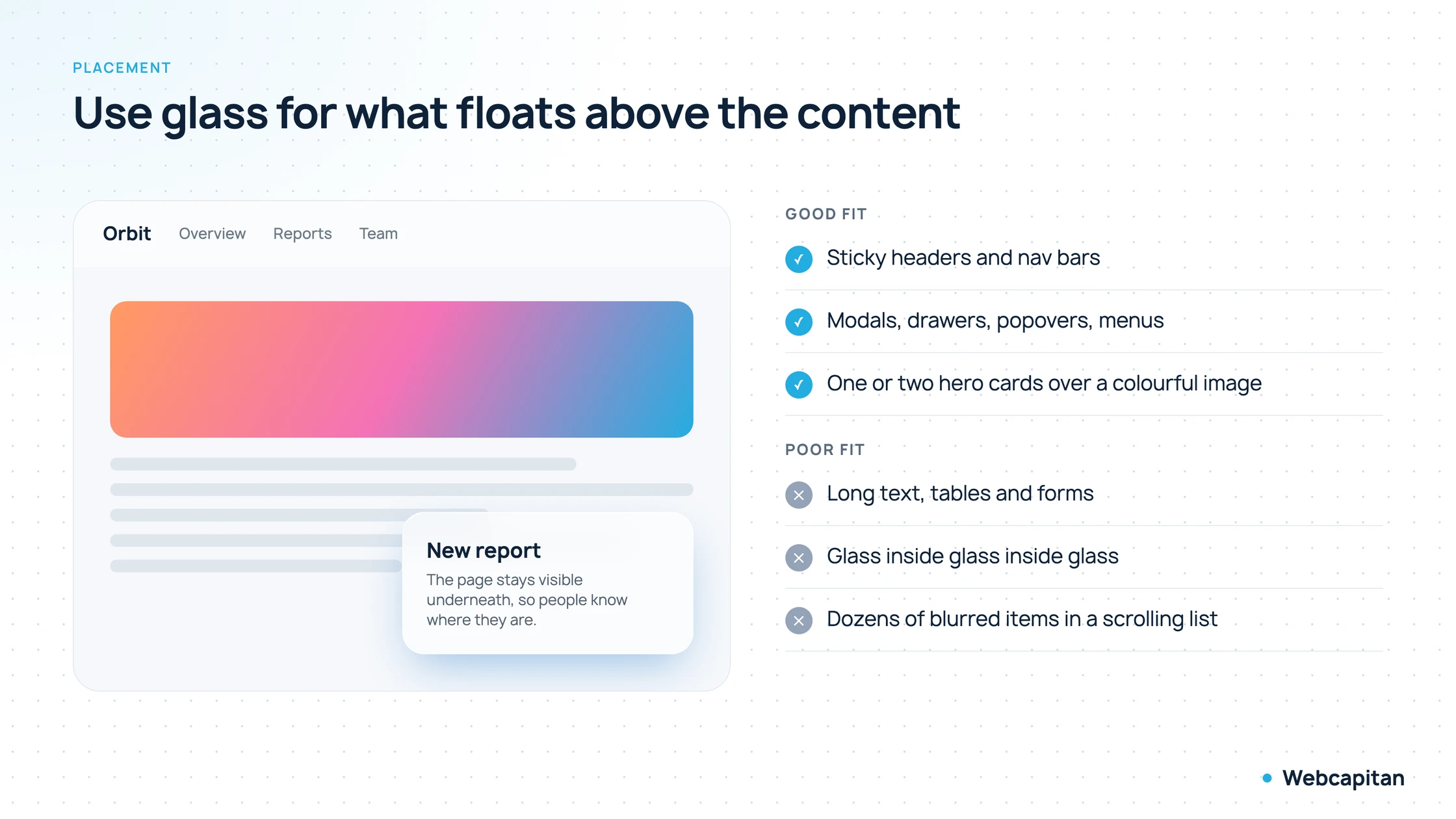 A page mockup with a translucent sticky header and a glass modal over the content, next to a list of good and poor uses for glass