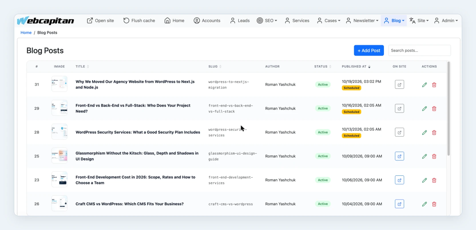 Blog posts list in the Webcapitan admin panel with status, scheduled publishing dates and preview buttons
