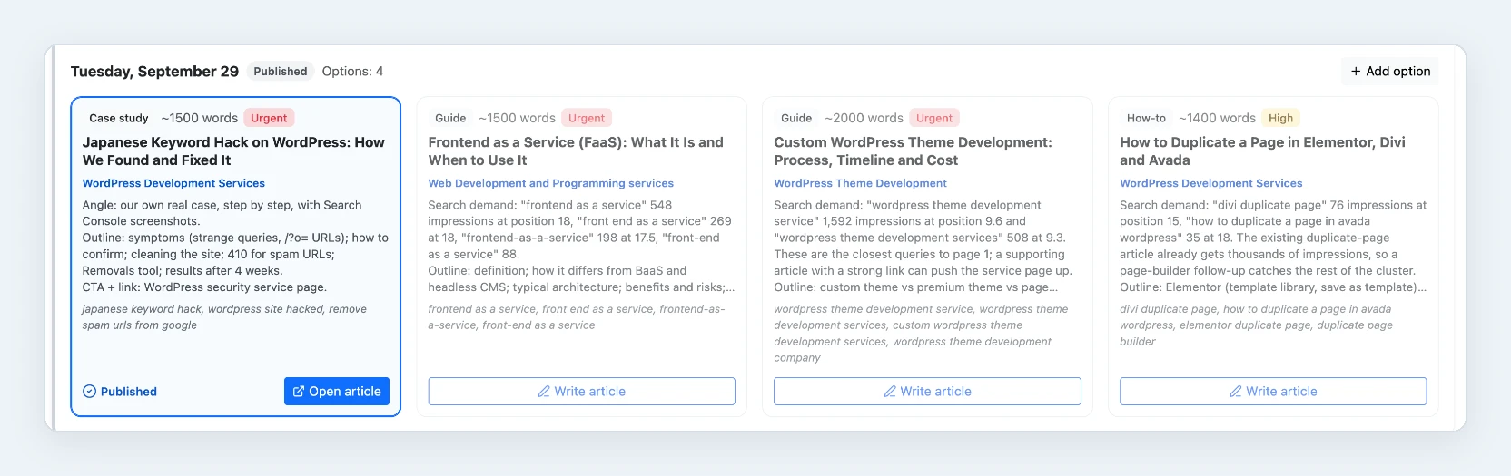 Weekly content plan in the Webcapitan admin: topic options with search demand from Search Console, outline, keywords and a Write article button