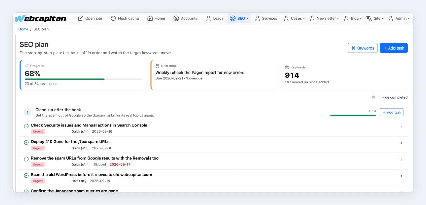 SEO plan in the Webcapitan admin: progress, next step, tracked keywords and the clean-up after the hack stage with its tasks